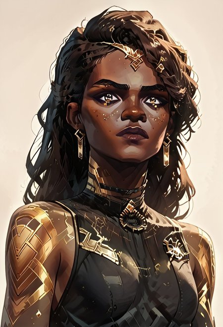 score_9, score_8_up, score_8_up, solo focus, solo, female focus, ArcaneEyesV1, brown hair, dark hair
BREAK 1girl, Mel_Medarda3OutfitsV1, dark skin, dredlocks, very dark skin, earrings, long hair, jewelry, tattoo, MelS2_outfit1