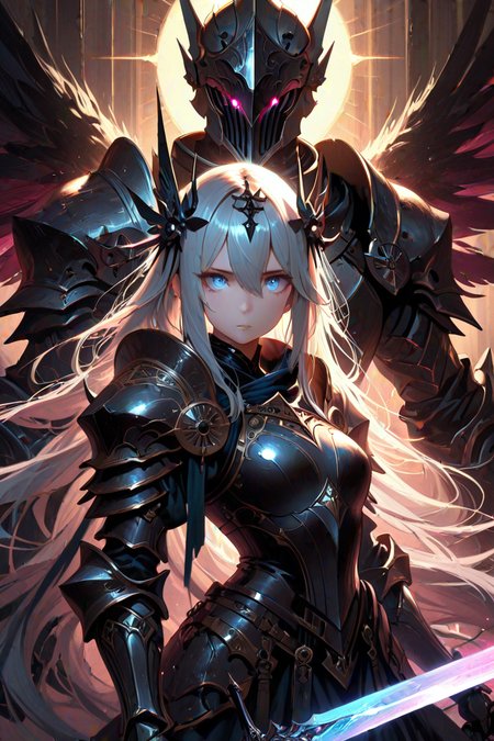 masterpiece, best quality, amazing quality, aesthetic, volumetric lighting, ambient light, saturated colors, dark shadows, 1girl, 1boy, long hair, blue eyes, wings, hair between eyes, very long hair, grey hair, armor, helmet, hair ornament, looking at viewer, sword, gauntlets, glowing, full armor, holding, weapon, holding weapon, holding sword, shoulder armor, closed mouth, zstyle,very awa, absurdres
