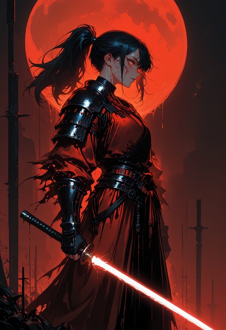 masterpiece, best quality, good quality, very awa, very aesthetic, absurdres, newest, 1girl, solo, long_hair, black_hair, gloves, red_eyes, holding, closed_mouth, standing, ponytail, weapon, outdoors, sky, japanese_clothes, black_gloves, sword, fingerless_gloves, holding_weapon, armor, from_side, torn_clothes, profile, blood, night, glowing, scar, holding_sword, moon, katana, shoulder_armor, full_moon, pauldrons, blood_on_face, japanese_armor, arm_guards, red_theme, blood_on_weapon, glowing_weapon, red_moon, energy_sword, red_sky, glowing_sword, huge_moon, lightsaber