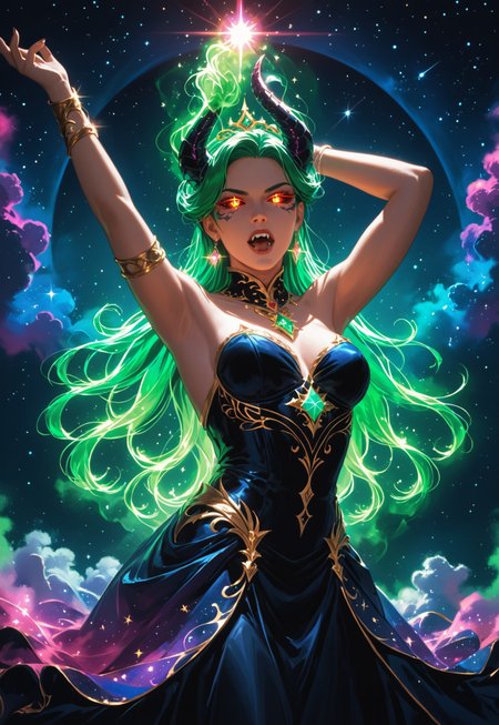 safe_pos, score_9,score_8_up,score_7_up, masterpiece, best quality, a sexy witch with vibrant green hair and colorful sclera, surrounded by a swirling nebula, captivating cosmic energy, fantasy art, highly detailed, ethereal lighting, digital painting, by Artgerm and Greg Rutkowski, immersive environment, 4k resolution, vibrant colors, enchanting atmosphere, lineart, Hand, detailed, perfect, perfection, hands, blacksclera, one arm up with magic, serious face, open mouth, blood, fangs, demon, glowing eyes