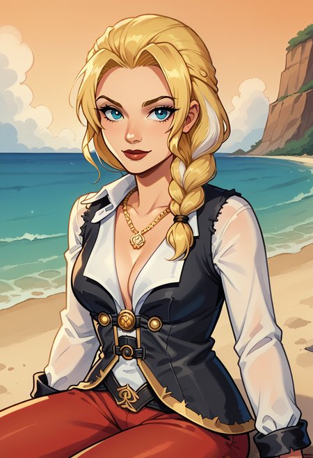 score_9, score_8_up, score_7_up, 1girl, solo, pirate hat, black vest, white shirt, necklace, red pants, upper body,
outdoors, beach, sitting, looking at viewer,
<lora:Patty_Steelbeard_Character__Outfit_-_Risen_2_Dark_waters:0.8>,  <lora:jainaproudmoore-wc-richy-v1_pdxl:1> jainapost, two-toned hair, white hair, yellow hair, single braid,    <lora:Western_Comic_Art_Style_PONY_XL_by_UOC:1> w3st3rnc0m1c,westerncomic,western comic art style,
