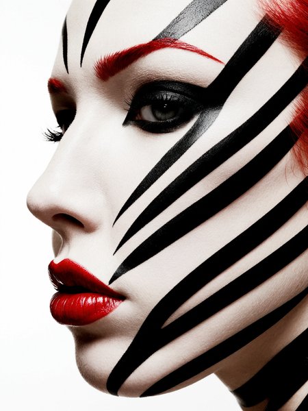 A striking close-up profile of a woman’s face adorned with bold, black stripes that wrap around the contours of her face, creating a hypnotic, zebra-like pattern against her smooth, pale skin. Her eyelids are covered in deep, matte black makeup that accentuates her long eyelashes, while her lips stand out in a glossy, vibrant red, offering a sharp contrast to the monochrome stripes. The image is minimalist yet visually intense, with the pattern seamlessly flowing across her features, evoking a sense of modern art and surreal beauty.

RAW photo, masterpiece, photorealistic, 8k, best quality, stunning eyes, skin detail, skin pores, blemishes