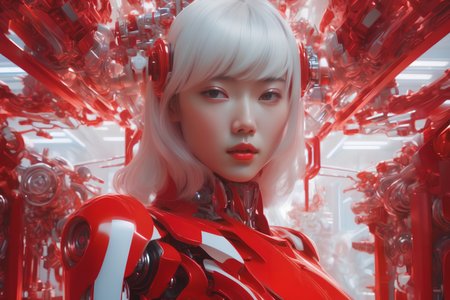 ((red and white theme)) hyperrealistic photography of a machine entering a female host in the style of Jin Kagetsu, James Jean, wlop and Ilya Kuvshinov, highly detailed, sharp focus, intricate concept art, digital painting, ambient lighting, 4k, artstation <lora:wowifierXL:0.2>  <lora:add-detail-xl:0.2>  <lora:cyborg_style_xl:0.2> <lora:edgFuturisticXL:0.1>