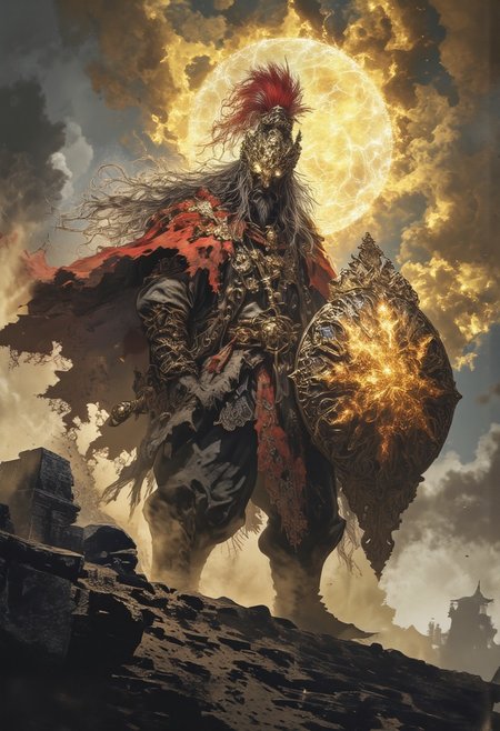 Pantheon warrior, Persian helmet with red fur ,  By Phandigrams, holding a massive golden aura shield, Knight of the heavens, long hair, battle field, cinematic view, Full nbody in picture adored with heavy armour, massive body , battle stance , standing on a platform, stormy skies,