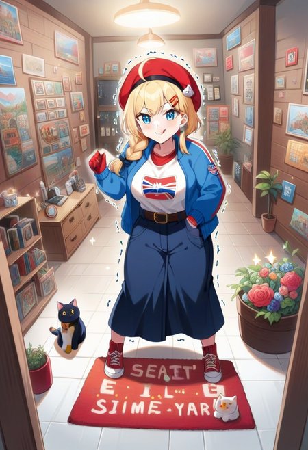 score_9,score_8_up,score_7_up,score_6_up,score_5_up,1girl, score_4_up,source_streetfighter,source_anime,source_game, (cammy_white),street_fighter,blonde_hair,blue_eyes,glowing eyes,cammy white,yrnwrld,tall woman,british flag print,ahoge, short hair,(slit pupils),(bandaged arm),(pale skin),curvy,frown, smile,big eyes,clenching fists,(tongue),wide hips,thick thighs, thick legs,narrow waist,(tattoos:1.4),(tattoo),hairclip,(earrings), red gloves,red beret,hair_ornament,red beret,long braid,cute, (dark blue pants),flag print shirt,blue jacket,long sleeves,gold necklace,backpack,bag,brown belt,gun case,holding cassette, long shirt,red rug,museum,glimmer,artistic paintings,big plant pot,(tiles:1.4),lamps on the wall,wooden wall,exit sign,posters, (sparkles:1.4),neon lights,brochures,(wooden showcase),(hand sign),shiny skin,dynamic pose,indoors,(motion lines:1.4),(thick outlines:1.4),(trembling lines:1.4),sweat,jewelry,steam,(steamy breath),(spoken kitty cat),(bullet belt),((weapons)),(television), masterpiece,best_quality,newest,absurdres,best shadow,light particles,highly detailed background,amazing quality,highly detailed_skin,very_detailed_clothes,power_lines,speed lines, emphasis_lines,very_aesthetic,dynamic_angle,high quality,4k, best shadow,<lora:add-detail-xl:1.5>