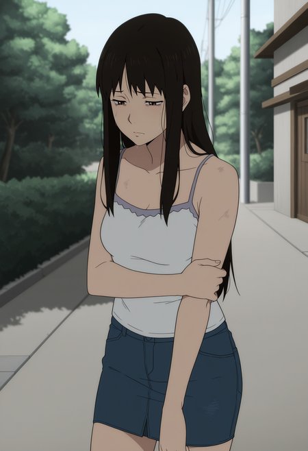 1girl,solo,mm,mature female,long hair,black hair,brown eyes,anime coloring,
camisole,bare shoulders,denim,skirt,exhausted, outdoors, hand on own arm, 
,masterpiece,best quality,amazing quality,<lora:Kaori-Gyo:0.8>
