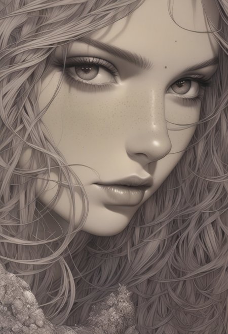 Artwork  by moebius, there is a woman with long hair, naoto hattori, mark brooks and brad kunkle, style of aesthetic, comic book artwork portrait of a young woman 22yo, she has a striking light gray eyes, long eyelashes and well-defined eyebrows, catchlights, portrait masterpiece, perfect beautiful face , (light freckles:0.3) , sparkling eyes, sad expression, intimate and engaging portrait with a sense of mystery,  ethereal abstractions, background is minimalist, duo-toned color graded, finely detailed, beautiful cleavage, simmetry, high budget,  sharp focus, intricate fractal details, analog drawing ,  eye catching, drab, <lora:eye_catching:0.4> ,<lora:MoebiousXL:1>