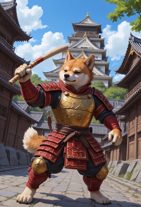 anthr0dnd, The image is a digital painting in a fantasy art style, depicting an anthropomorphic shiba inu dressed in samurai armor, wielding a baseball bat in its hand, standing on a stone  street in front of a traditional Japanese castle. The anthro shiba inu, with relaxed and confident expression, wears red and gold armor. It is beautiful summer day and the blue sky is clear. The courageous and virtuous dog is a protector of the innocent  mysterious, atmospheric, vibrant, high contrast of shadow and light, portrait, anime style oil painting