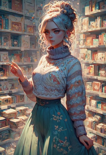 score_9, score_8_up, score_7_up, score_6_up, FFROA, 1woman, charming character with vintage spectacles and hair styled in soft curls. She wears a cozy sweater and a long skirt while surrounded by stacks of books, emanating a warm and inviting aura that reflects her love for stories