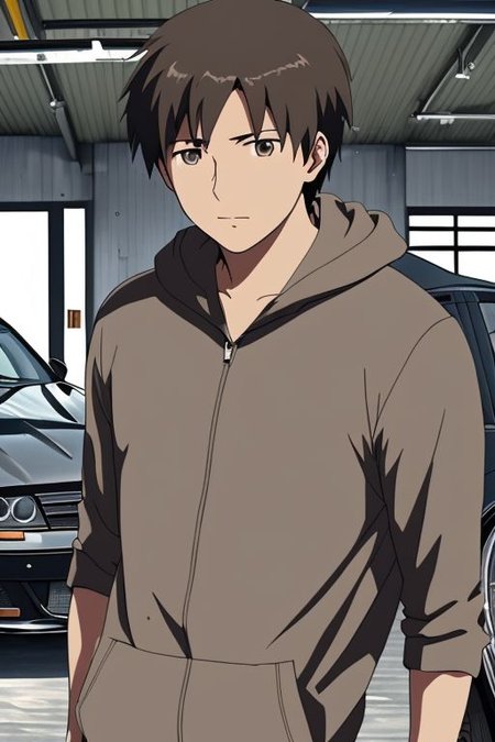 high resolution, solo, best quality, 1Boy, Takaki Toono, Brownish Hair, Brown Eyes, lounge suit, hoodie, car garage, OverallDetail