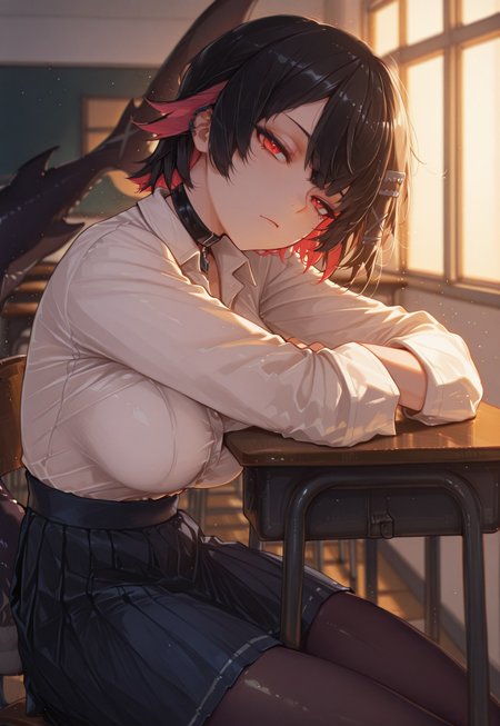 safe_pos, masterpiece, best quality, amazing quality, artist:moriimee, 748cmstyle, in the style of ck-rw, absurdres, perfect face, detailed face, eye_focus, 

(Girl:0.0), 1girl, Ellen_Joe, red_eyes, ultra-detailed anime eyes, black_hair, short_hair, colored_inner_hair, large_breasts, fish_tail, hair_ornament, hairclip, x_hair_ornament, black_choker, school_uniform, white_shirt, collared_shirt, blue_skirt, pleated_skirt, black_pantyhose, fins, buckle

(Pose:0.0), ((looking at viewer)), sitting on chair, sitting behind school desk, arms on desk, arms crossed, ((laying head on crossed arms)), head tilt,

(Emotion:0.0) sleepy, tired, eyes half open, calm, bored, mouth closed, 

(Scene:0.0), from side, Indoors, school classroom, golden hour, schoolyard visible through window, (dark shadows:1.0), high contrast, volumetric lighting, blurry background, depth of field, aesthetic, cowboy shot,