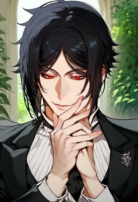 anime artwork, score_9, score_8_up, score_7_up, score_6_up, score_5_up, 1boy, red eyes, garden, fountain, sunny, bliss, fully black hair, black butler outfit, handsome, white gloves, detailed clothing, masterpiece, straight hair, suit,  simple cotton gloves, solo, closer to the face,
 <lora:Floox_Style:1>, , detailed eyes, close up, crimson eyes, scarlet eyes, camera from below, looking down, Sebastian black butler, black butler, Sebastian michaelis, Kurishitsuji, smile, pale skin, handsome man, bowing, kissing Pov hand, pov female hand, bigger eyes, looking at viewer, kissing viewer's hand