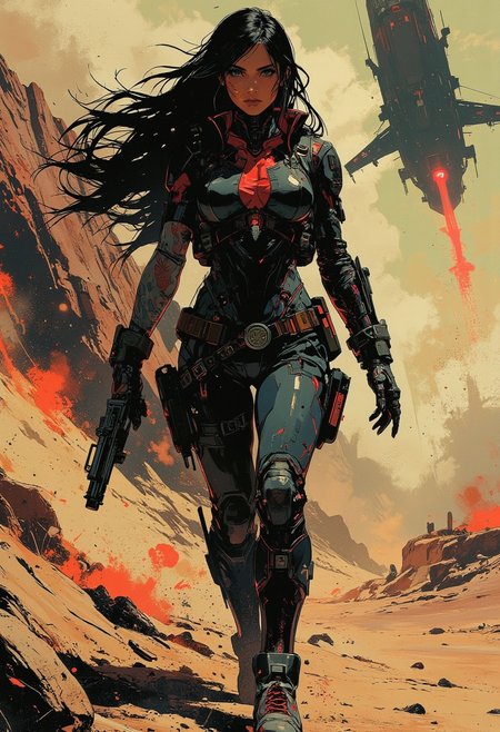 in the style of ck-mgs, nistyle, Inkplash art on rice paper, sepia, henna, magnificent, inksplash, closeup portrait, female bounty hunter, large breasts, large ass, neck tattoos, flowing black hair, reflective black and neon red armor, futuristic armor, holding a rifle in her hands, aiming a rifle, holstered pistol, abstract background suggesting a harsh desert world, Spaceships flying overhead, dust storm, windy, walking through a dust storm, 
Cowboy Shot, close up,