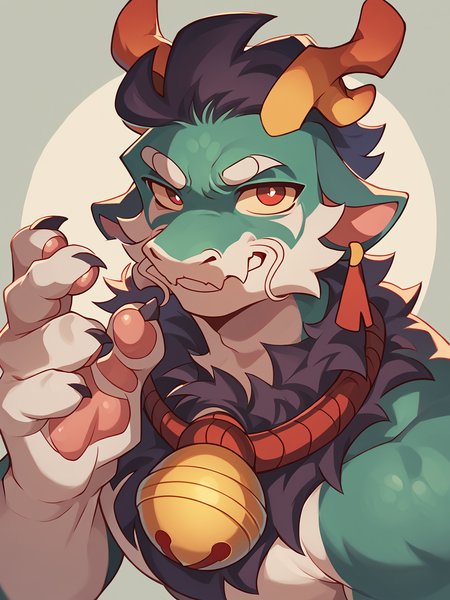score_9, score_8_up, score_7_up, high quality, hires, male, solo, anthro, furry, buff body, smug, seductive, antlers, red eyes, bell, looking at viewer, claws, <lora:Greene:1>