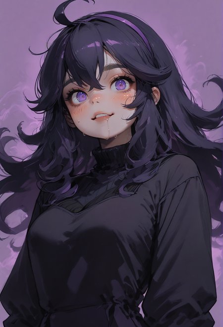 1girl, hex maniac (pokemon),purple hairband, black thighhighs, long hair,purple eyes, messy hair, @ @, smile, looking at viewer,
black dress,large breasts, lace, gothic style,blushing , drooling,sharp focus, portrait,upper body,side view,
<lora:sdxl_lightning_8step_lora:1>
score_9, score_8_up, score_7_up,score_6_up,
masterpiece, best Quality,source_anime,
dispersion effect,steam, sweat skin, vivid colours,
<lora:P0p4rtXLP:1> p0p4rt ,colorful,