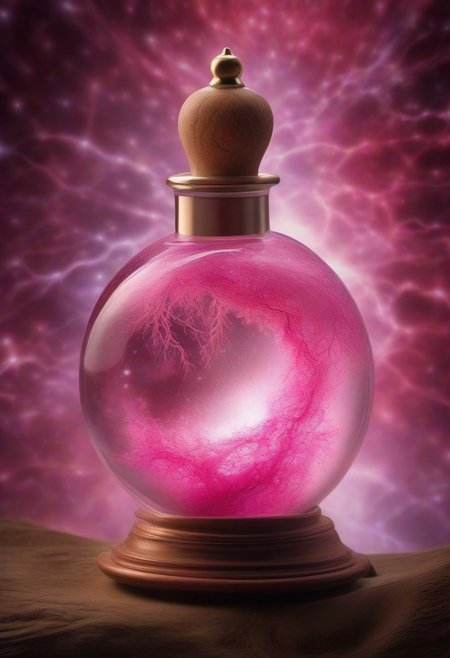 Score_9, Score_8, Photorealistic magic potion, intricate glass bottle, vibrant pink and white colors, ethereal light, wax seal, cork, dynamic reflections, magical aura, highly detailed, fantasy essence, glowing particles, radiant aura