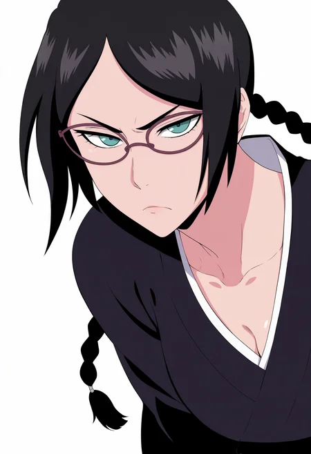 best quality, amazing quality, very aesthetic, absurdres,
1girl, yadoumaru lisa, black hair, twin braids, aqua eyes,
glasses,
black haori, japanese clothes, kimono,
upper body, standing,
frown,
solo, looking at viewer, simple background, white background    <lora:LisaYadomaruNoobXL_byKonan:1>