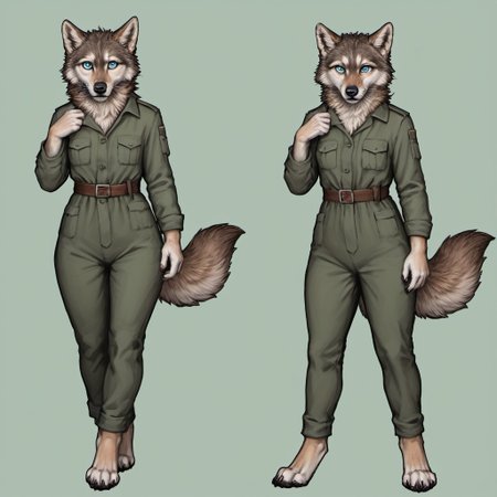 score_9, score_8_up, score_7_up, source_furry, detailed face, detailed eyes, incredible detail BREAK 1girl, solo, anthro, wide shot (furry female, wolf, light brown fur, monotone fur, light blue eyes,slightly wide hips, small breasts), black nose, whiskers, ear flop, solo, looking at viewer, simple background, green background, full body, hunter outfit, archer outfit, shy pose