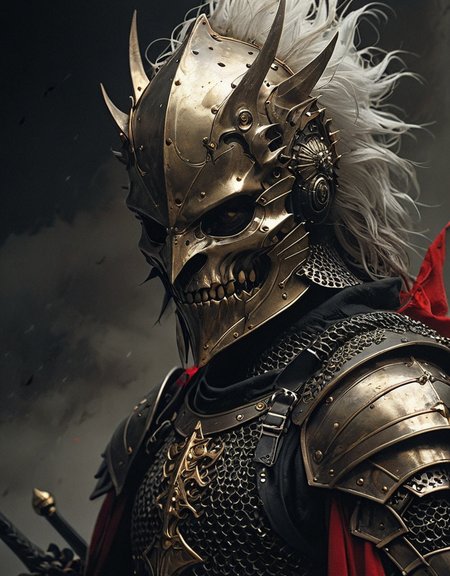 Manga style, portrait of medieval knight with pointed iron hedgehog-shaped helmet, gold chainmail and bronze mace, HR Giger, Agostino Arrivabene, dark setting, high contrast, harsh shadows, gloomy atmosphere, fog, red and black tones<lora:epi_noiseoffset2:1> <lora:Sinozick:1>