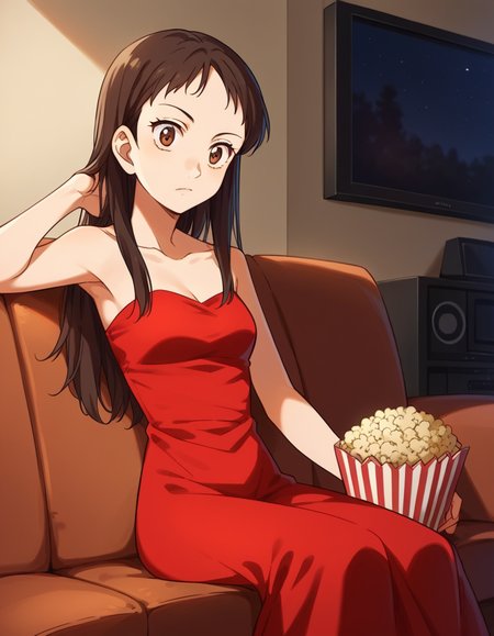 score_9, score_8_up, score_7_up, source_anime, <lora:emi-igawa-s1-ponyxl-lora-nochekaiser:1>,, emi igawa, long hair, brown eyes,, dress, red dress, collarbone, bare shoulders,, living room, television, couch, popcorn, watching movie, night time, sitting,, , , hand behind head, solo,, cowboy shot, dutch angle