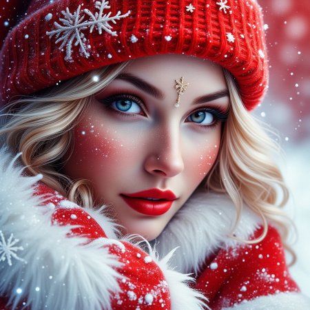 Contrail, mosaic, Fantasy realism, Storybook Illustration, double exposure, delicate detailed inspired by [Artgerm, Brian M  Viveros, Esao Andrews], red | white stripes, sharp focus, triadic colors, gorgeous girl, red lips, snow suit, red santa hat, snowflakes , dynamic pose, luminism, magic light rings, bioluminescence, 32k