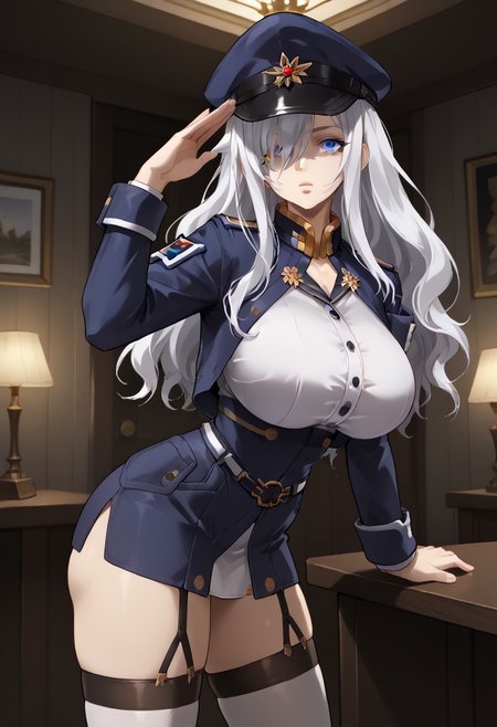 score_9, score_8_up, score_7_up, 1girl, sylwia krzasinska, source_anime, solo, anime screencap, anime coloring, zPDXLxxx, Expressiveh, white hair, wavy hair, long hair, blue eyes, hair over one eye, one eye covered by hair, perfect lips, vibrant eye color, expressive eyes, ultra-feminine, ultra-detailed face, ultra-detailed skin, lustrous ultra-detailed hair, (extreme hourglass figure: 1.5), ultra-slim proportions, (feminine muscles: 1.1), (long breasts, perfectly round breasts, huge breasts: 1.5), ultra-narrow waist, ultra-flared hips:, perfectly round ass, (ultra-jutting ass, shapely ass: 1.3), perfect butt crack, thin tighs, ultra-fit figure, long legs, bursting breasts, ultra-jutting breasts, ultra-pointy breasts,  blue headwear, blue jacket, blue skirt, hat, jacket, military, military hat, military uniform, peaked cap, shirt, skirt, thighhighs, uniform, white shirt, white thighhighs, indoors, detailed background, military base, sci-fi base, steel grey walls, alert lights, staring at viewer, bending over, leaning forward, saluting, military salute, sexually suggestive