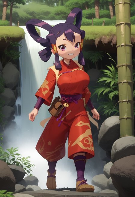 score_10 , score_9_up, score_8_up, score_7_up , score_6_up, vibrant colors, shiny_skin , prefect lighting, detailed image, snoozing , masterpiece , best quality , highly detailed , BREAK ,
1girl , (sakuna, battle , big breasts , curvy ,  thicc , cute) , detailed face , bedroom eyes , smiling , 
looking at viewer , outdoor , forest , bamboo trees , rocks , waterfall , cinematic composition , dynamic pose , full body , 
By bad artist , HairDetail , fcNeg , EasyNegativeV2 ,