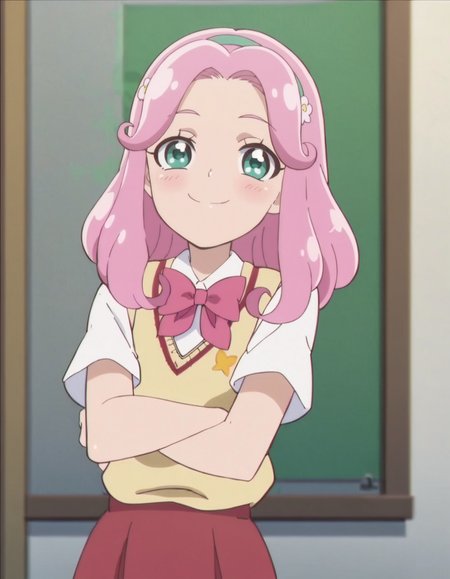 score_9, score_8_up, score_7_up, anime screencap, solo,1girl,hanamikotoha, green eyes,pink hair,school uniform,pink  bow,red skirt, hairband, sweater vest,cowboy shot,smile,blush,looking at viewer,small breasts,<lora:hanamikotoha:0.8>