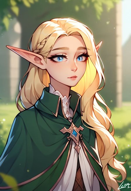 (((beautiful, high quality))), upper body, score_9, score_8_up, score_7_up, solo,
LomArtStyle,
Elf, Pointed ears, Long eyebrows, 1girl, blue eyes, Blonde long hair, fantasy cape, green cape, Kind face, Outdoor, fantasy background, nature
blurred background,