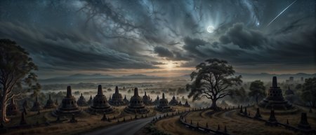 (a close up photo of lonely scary tree), edge of a cliff, panorama photo of a night, (elvish countryside), far metropolitan cities, lonely home, graveyard, wind, <lora:Thai_temple:0.2> (borobudur temple, heavenly aura, road), <lora:XSArchi_127:0.4> scenery, no human, <lora:TempestMagic:0.5> tempestmagic, water, <lora:PAseerStarSkyV1:0.3> stars, constellation, moon, ground level, forest