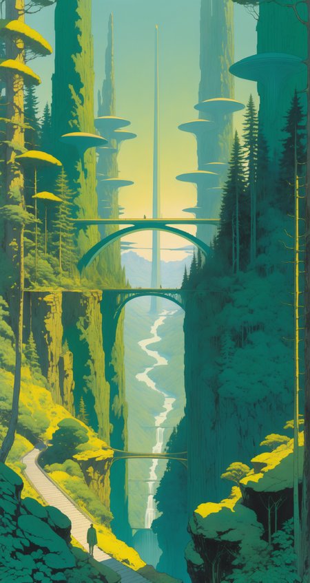 A dense forest with towering trees and soft sunlight, a futuristic bridge connecting distant mountains, green and gold, the futuristic span, in the style of Jean Giraud, in the style of Moebius