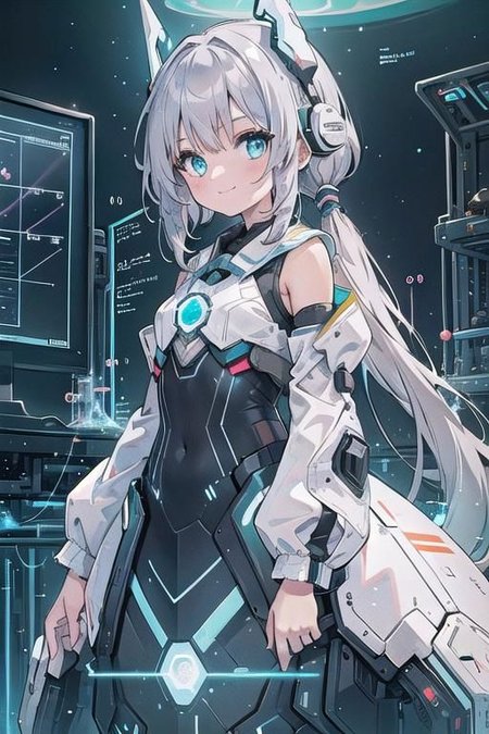 (masterpiece), (science fiction:1.4), 1girl, standing, smile, silver hair, aqua eyes, headgear, long sleeves, detached sleeves, glowing energy clothing, light particles