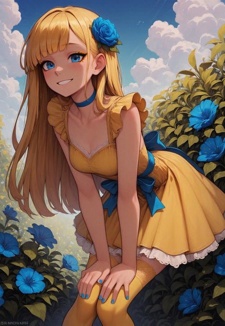 masterpiece, best quality, amazing quality, p0nyd1sney1ncasev1x0n2:1.5, 1girl, 25 years old, perfect face, 
blue eyes, yellow eyeliner, 
yellow hair, long hair, straight hair, blue flower, hair flower, 
blue choker,
yellow dress, layered dress, skirt under dress, waist bow, waist ribbon, blue ribbon, blue bow, blue nails, 
yellow thighhighs, lace-trimmed thighhighs,
standing, bent over, hands on their knees,  knees together feet apart, 
smile, cowboy shot, 
garden, sky, 