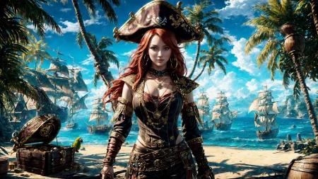 (young redhead pirate woman), (portrait), (parrot:1.2), sharp focus, (ultradetailed), (standing), (happy) smile, pirate (ship galleon:1.2,  hoop earrings, gold medallion, Dark Yellowpirate clothes, pirate hat, hips,   pirate (village), leafy beach coast, (treasure chest with coins, gems and jewels:1.2), (rum barrel), best quality masterpiece,  bright sunny sky, backlight, natural lights, high contrast, hdr, shadows, pretty, beautiful, feminine, sexy, adorable, lovely, in love, (PirateDiffusionprt:0.5),  <lora:Pirate:0.3>  PrateT  <lora:PirateRealms:0.3> <lora:Detail Tweaker LoRA add_detail:0.8> <lora:depth_of_field_slider_v1:5> <lora:SDXLrender_v2.0:0.9>