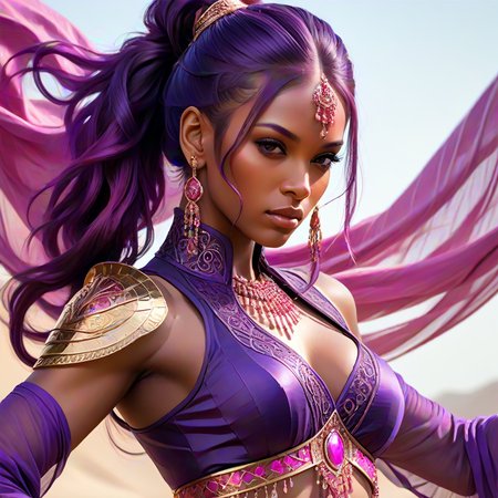 <lora:Niji6_LoRA_XL_art_style:1> <lora:EnvyDarkImpressionismXL01:1> ((masterpiece)),  (finely detailed beautiful face: 1.2), 1 woman, solo, dark skin, purple hair, long hair, ponytail, pink highlights in hair, fancy armor, elegantly dressed, flowing see-through cloth, belly dancer clothes