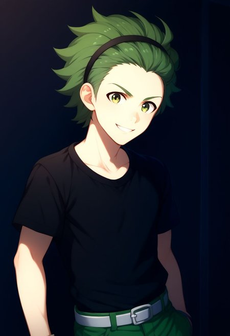 score_9, score_8_up, score_7_up, source_anime, highly detailed, 
mitarai, male focus, 1boy, solo, green hair, green eyes, smile, hairband, black shirt, short sleeves, green pants, short pants, belt, upper body,
indoor, backstage,