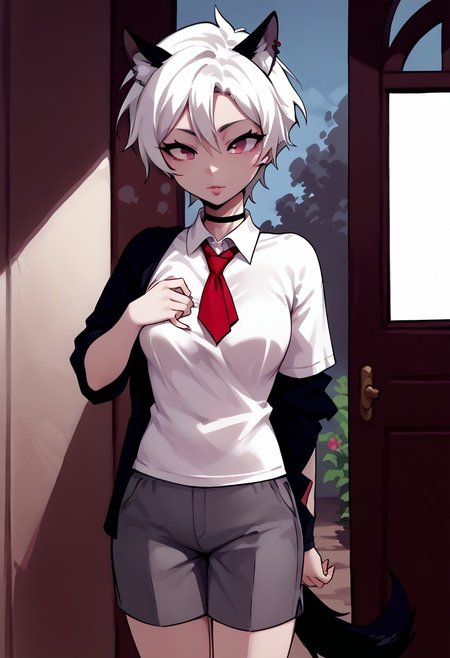 score_9, score_8_up, score_7_up, score_6_up, c1ca,1girl,adult,bare_legs, impossible_clothes, body_silhouette, adjusting clothes, eye_contact, perfect_breasts, lips parted, slim, short hair, pink eyes, white hair, animal ears, red piercing, black wolf tail,ruanyi1043, white shirt, red tie, grey shorts, fishnets, standing, cute_expression, outdoors,porch,doorway,