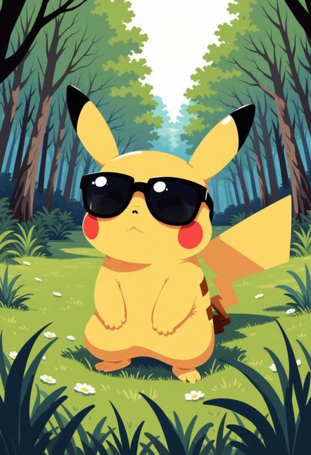 Pikachu with sunglasses in the high grass, background of a forest, flat anime style