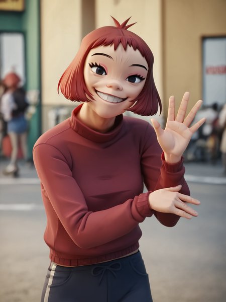 score_9, score_8_up, score_7_up,  score_6_up, BREAK, Noodle, solo, short hair, red hair, sweater, smile,  raise right hand, waving, looking at viewer  <lora:Noodle:1>