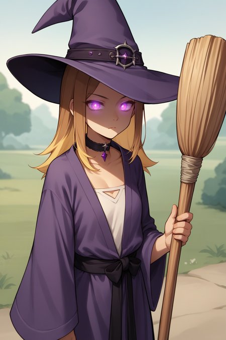 score_9, score_8_up, 1girl, solo, source_anime,  <lora:zs_YumiXL:1>: yumiif, choker, multicolored hair, blonde hair, brown hair, purple witch hat, purple robe, holding a broom, outdoors, glowing eyes, shaded face