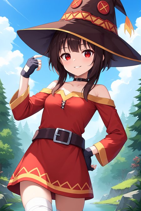 score_9, score_8_up, score_7_up, score_6_up, anime source, anime style, solo, 1girl,
<lora:P-Megumin:1>, m3gum1n,  red eyes, brown hair, bangs, short hair with long locks,
fingerless gloves, witch hat, thighhighs, single thighhigh, red dress, off-shoulder dress, long sleeves, bandaged leg, belt,
small breasts, seductive smile, parted lips, eyelashes, hands on hip,
forest background, blue sky, clouds,