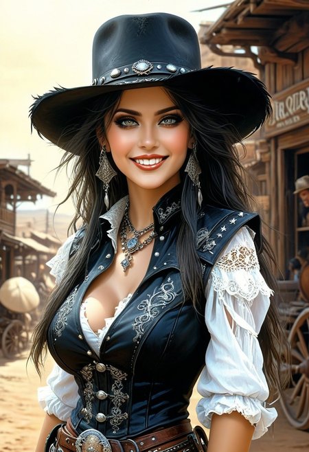23yo girl, hat, vest, long hair, smile, walk in western road, detailxl, drab