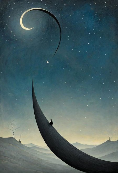 Neo Surrealism, overwhelmed by reason, by Gabriel Pacheco and Max Ernst, existential residues dark shines surrealism, deep blue, gray and orange color scheme, fantasy Victorian art, magical realism bizarre art, pop surrealism, like Alice in wonderland, whimsical art. Generate an illustration of an Vincent van Gogh sitting on a crescent moon in the sky looking at the starry nights. The figure should have a mysterious aura.