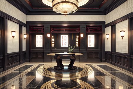 highly insanely detailed, masterpiece, top quality, best quality, highres, 4k, 8k, RAW photo, (very aesthetic, beautiful and aesthetic),  
(code_style,codestyle),traditional chinese text,english text,japanese text,(sympattern,geometric pattern),symbolic patterns, 
<lora:CodeStyle (half generic class)_564920:0.6>, 
(1girl:1.3), 1other, 
hotel lobby interior,âââ