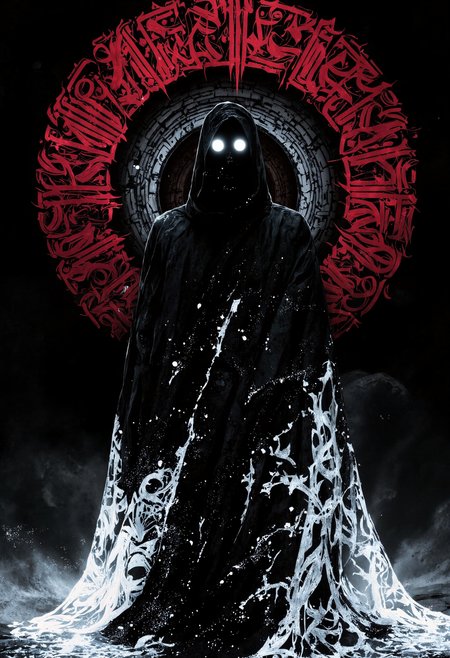 p0st_1mp4ct style, In the style of ff-nn, A mysterious, hooded figure stands at the center of a surreal digital void, its form dissolving into mysterious calligraphic symbols. The figure's face is featureless except for two glowing, white, circular eyes that pierce through the darkness. The heavy cloak drapes down like an endless abyss, gradually disintegrating into jagged, glitch-like patterns at the edges, as if the character itself is a part of the digital space, fading into the surrounding environment. Behind the figure, a mesmerizing vortex of light and color spirals outward, composed of concentric rings filled with flickering pixels, digital noise, and mysterious calligraphic symbols. The colors range from crimson to pale gray, creating a striking contrast against the dark void. Small, glowing particles float through the air, <lora:Evangelion_Post-impact_Apocalyptic_Style_Flux.1_D_by_AutoPastel-000019:0.35> <lora:Style_Calligraphy_ART:1.00> <lora:Neo_Noir:0.39>