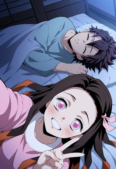 masterpiece, best quality, amazing quality, very aesthetic, absurdres, newest, atmospheric perspective, anime style, official style 
1girl, nezuko, \Kimetsu no Yaiba\, dark long hair, pink hair ribbon, pink eyes, smile with teeth, v, selfie, only face, 1boy, Tanjiro, \Kimetsu no Yaiba\,in bed, sleep, brown hair, bedroom), top view