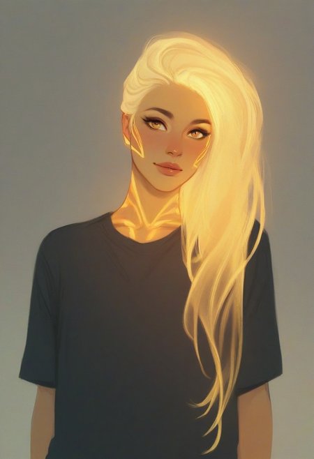 zzCitronLegacy, score_9,score_8_up,score_7_up,score_6_up,score_5_up,score_4_up, girl, black T-shirt, upper body, indoor, sharp line, high sketch art, glowing,
