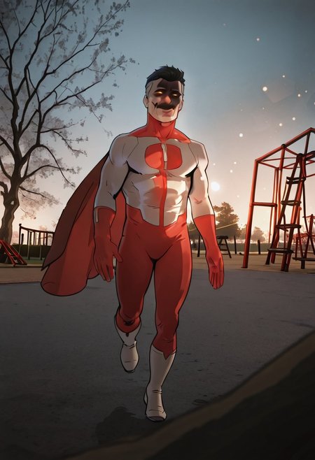 masterpiece, newest,absurdres,incredibly absurdres, best quality, amazing quality, very aesthetic, 
, depth of field, blurry foreground, bokeh,park, playground, palmeras, solo, 1 ,male, muscle male,
Omnimman,skintight suit, red O shaped chest emblem,red gloves, red colored suit's lower part, red cape, white boots,moustache, old man, gray hair, Nolan grayson, black hair on top,Multi colored hair,
,flying, extended hands, happy, smile, cute,
re4lity_sync_illu,shaded face, (black face:1.2),glowing eyes