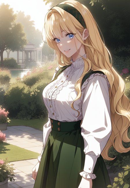 zPDXL3, score_9_up, score_8_up, score_7_up, (Anime_source),Masterpiece,(perfect female body:1.2), small waist,(incredibly detailed:1.4), slim, beautiful fingers, beautiful white skin, Beautiful clear skin, (big breasts:1.2) (thick thighs:1.2), standing, looking at viewer, big breasts, rudbeckia, 1girl, blonde hair, , blue eyes, (facing viewer:1.6) <lora:Rudbeckia_de_Borgia_-_How_to_Win_My_Husband_Over-PONY-Kaleid:1> long hair, green skirt, white shirt, in garden, from side, hairband, smile