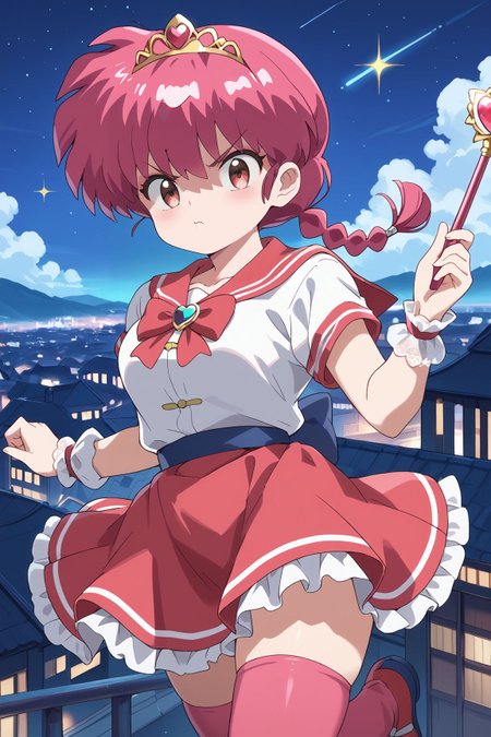 score_9, score_8_up, score_7_up, source_anime, 8k hd, uncesored, 1girl, ranma-chan, red hair, single braid, braided ponytail, pout, annoyed, magical girl, sparkles, short sleeves, white shirt, red sailor collar, frilled skirt, pink skirt, frilled gloves, (lace gloves:1.1), tiara, chest bow, waist bow, red bow, red ribbon, large bow, red brooch, heart brooch, pink thighhighs, frilled thighhighs, holding wand, outdoors, flying, night sky, cityscape, 
<lora:Ranma_RanmaSaotome_SFWSenpai:0.8>